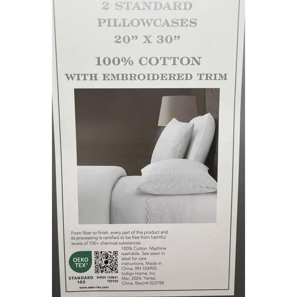 Rachel Ashwell Embroidered Eyelet Hem Standard PILLOWCASES White 100% Cotton NIP